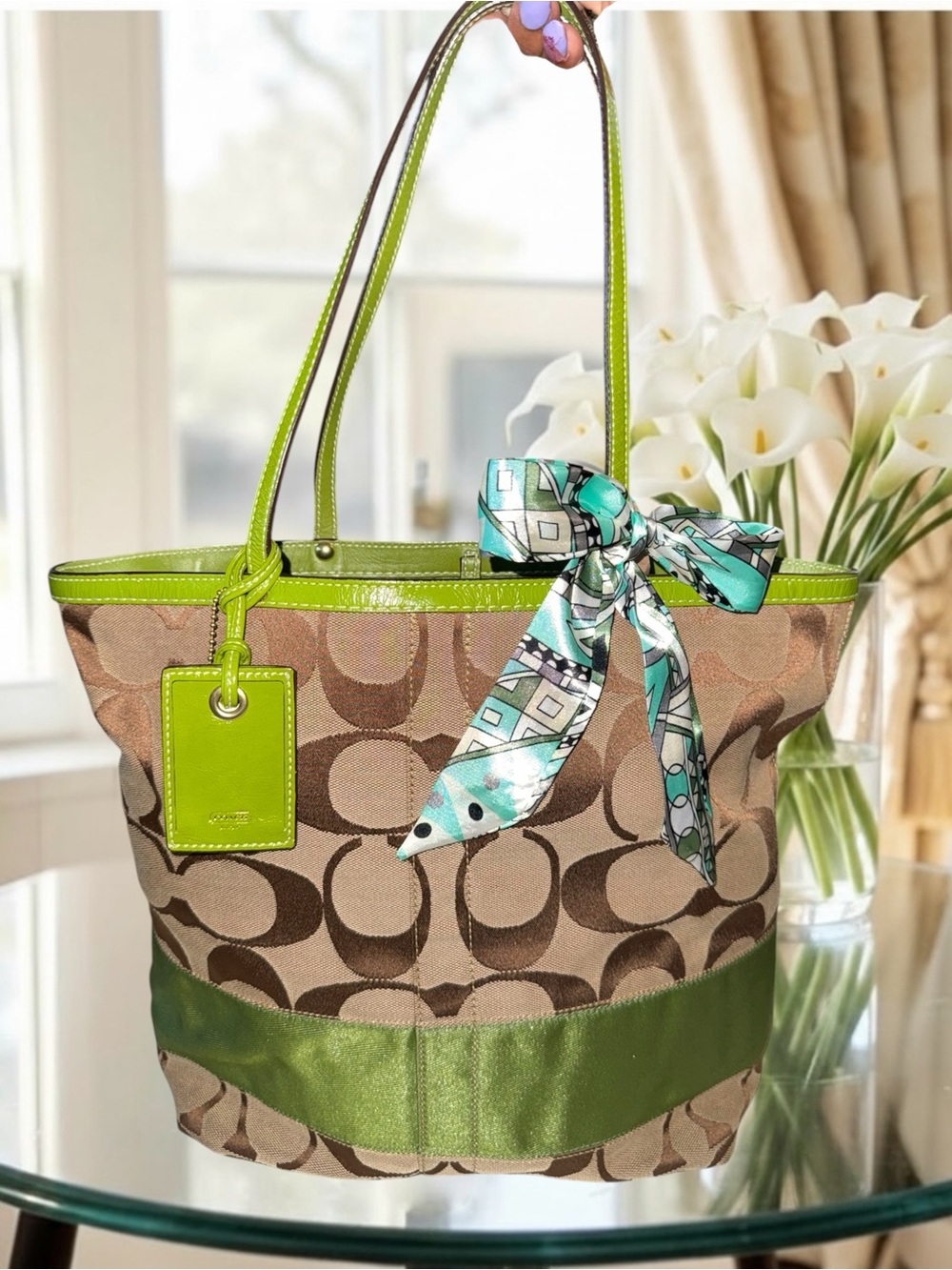 Coach VINTAGE Signature Stripe Tote Bag Khaki & Apple Green Jacquard Canvas